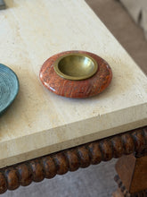 Collectors Gene vintage Italian red Rosso travertine stone vide poche with recessed brass bowl center on travertine table