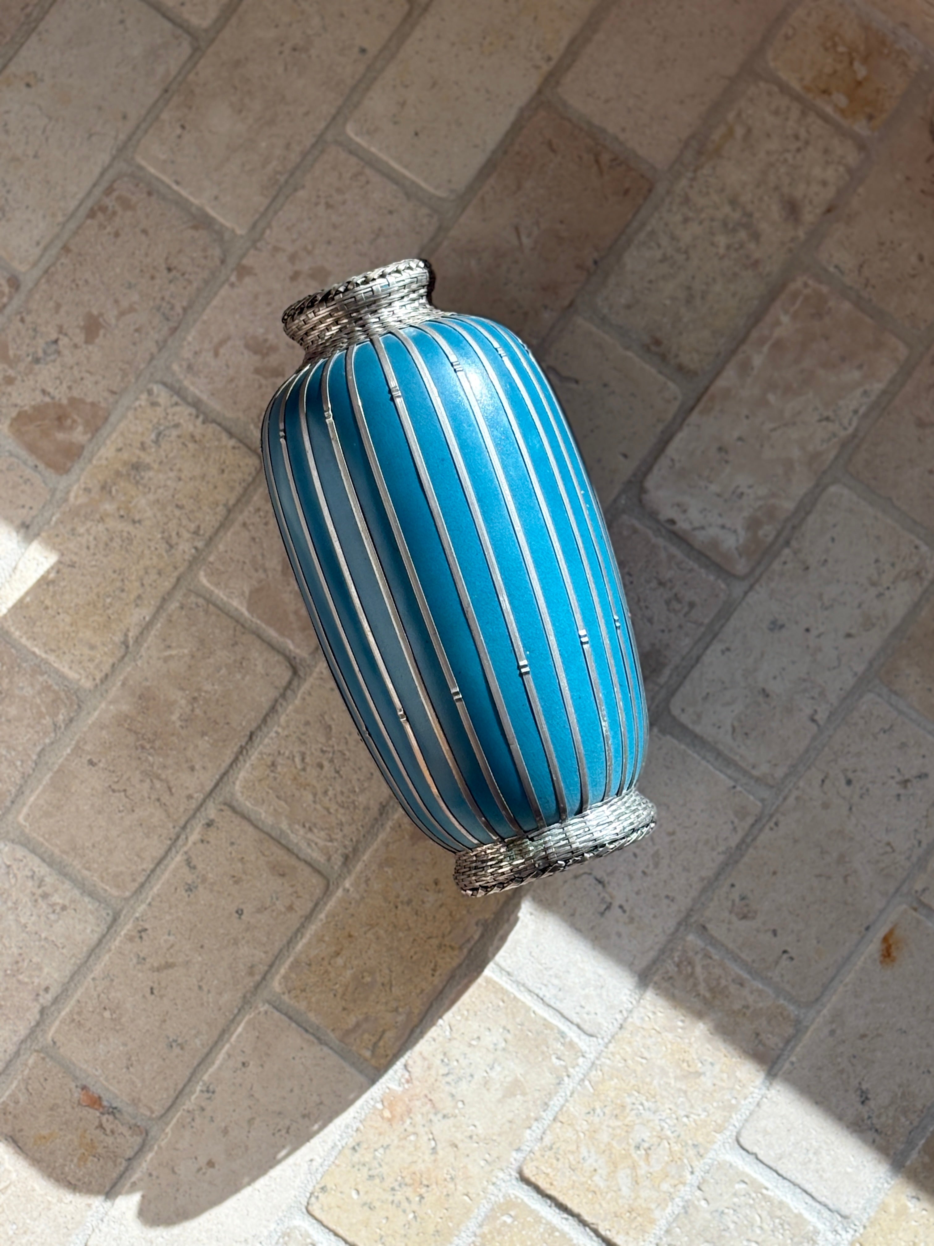 Japanese Ceramic Vase with Silver Basket Weave Overlay - Meiji Period 1