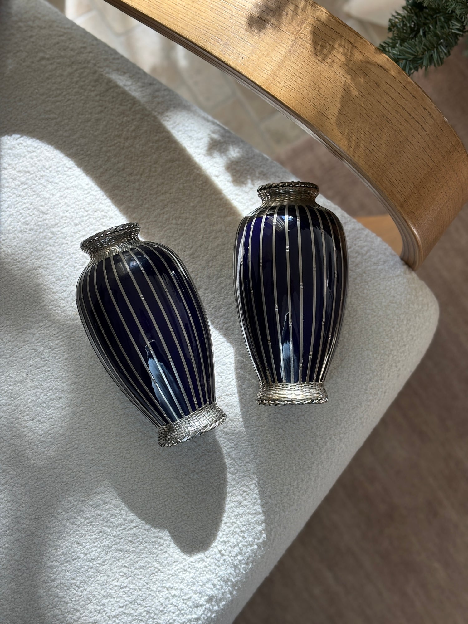 Japanese Deep Blue Vases with Silver Basket Weave Overlay | Collectors Gene