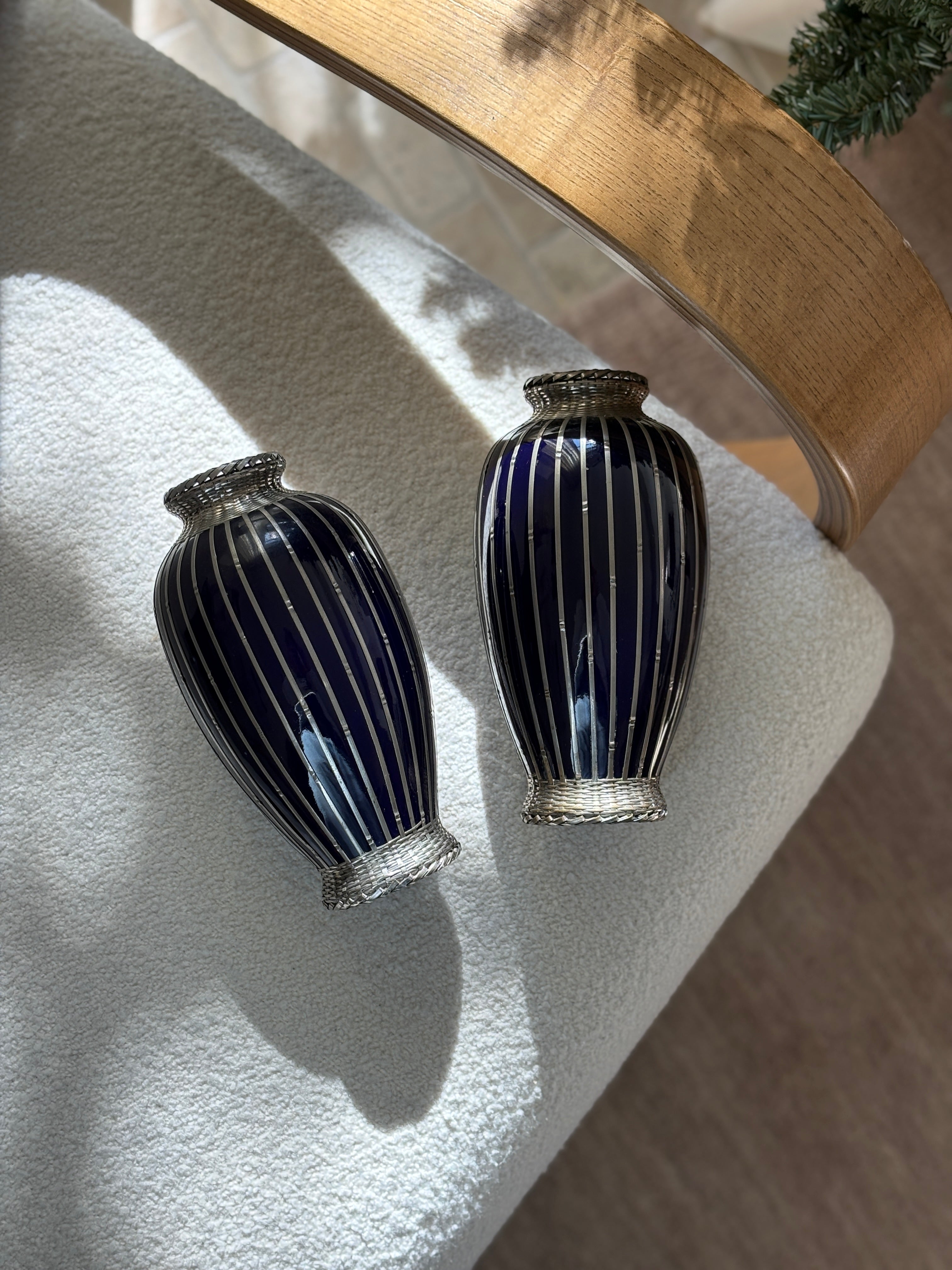 Japanese Deep Blue Vases with Silver Basket Weave Overlay | Collectors Gene