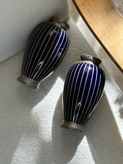 Japanese Deep Blue Vases with Silver Basket Weave Overlay | Collectors Gene