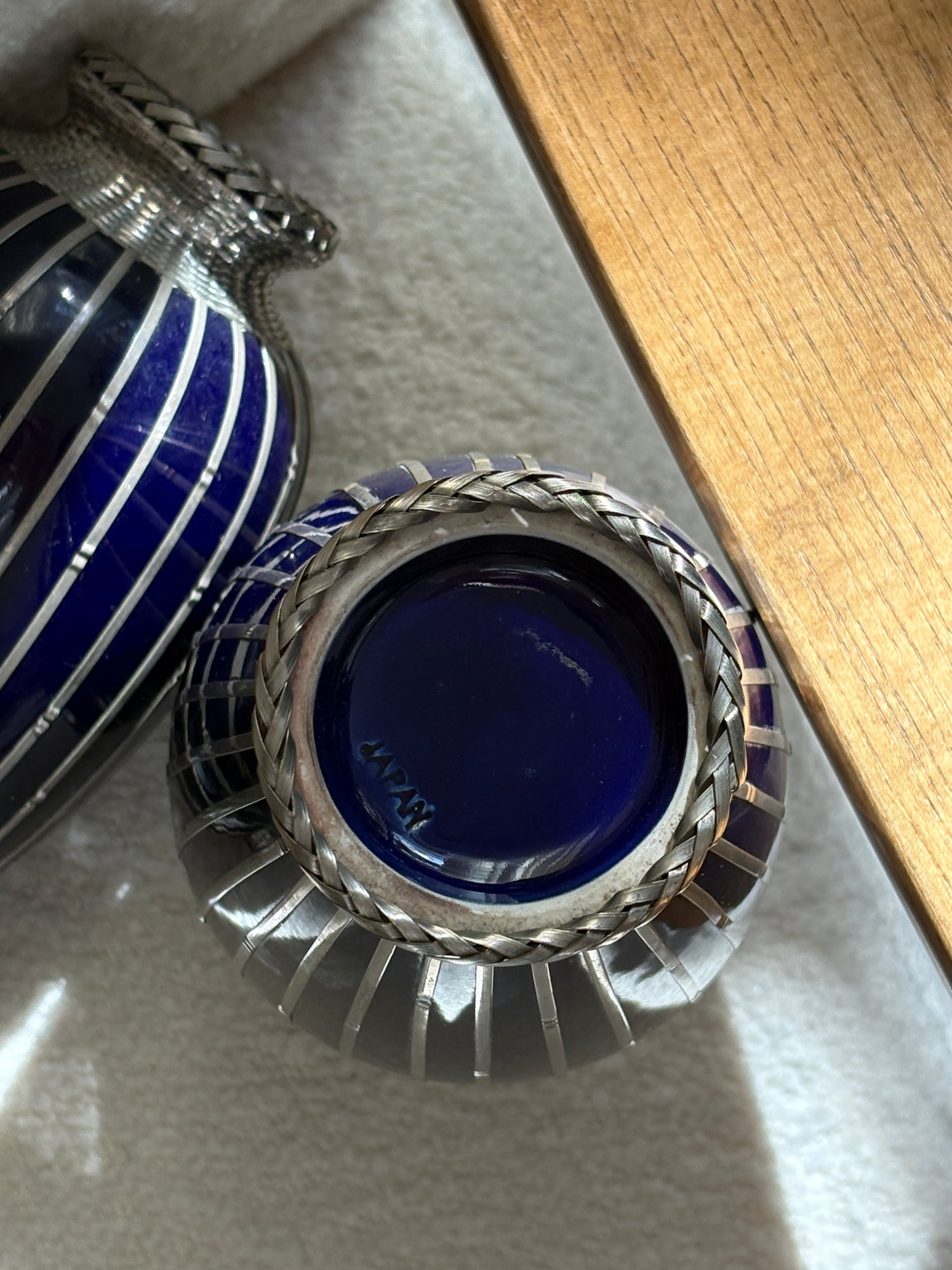 Japanese Deep Blue Vases with Silver Basket Weave Overlay | Collectors Gene