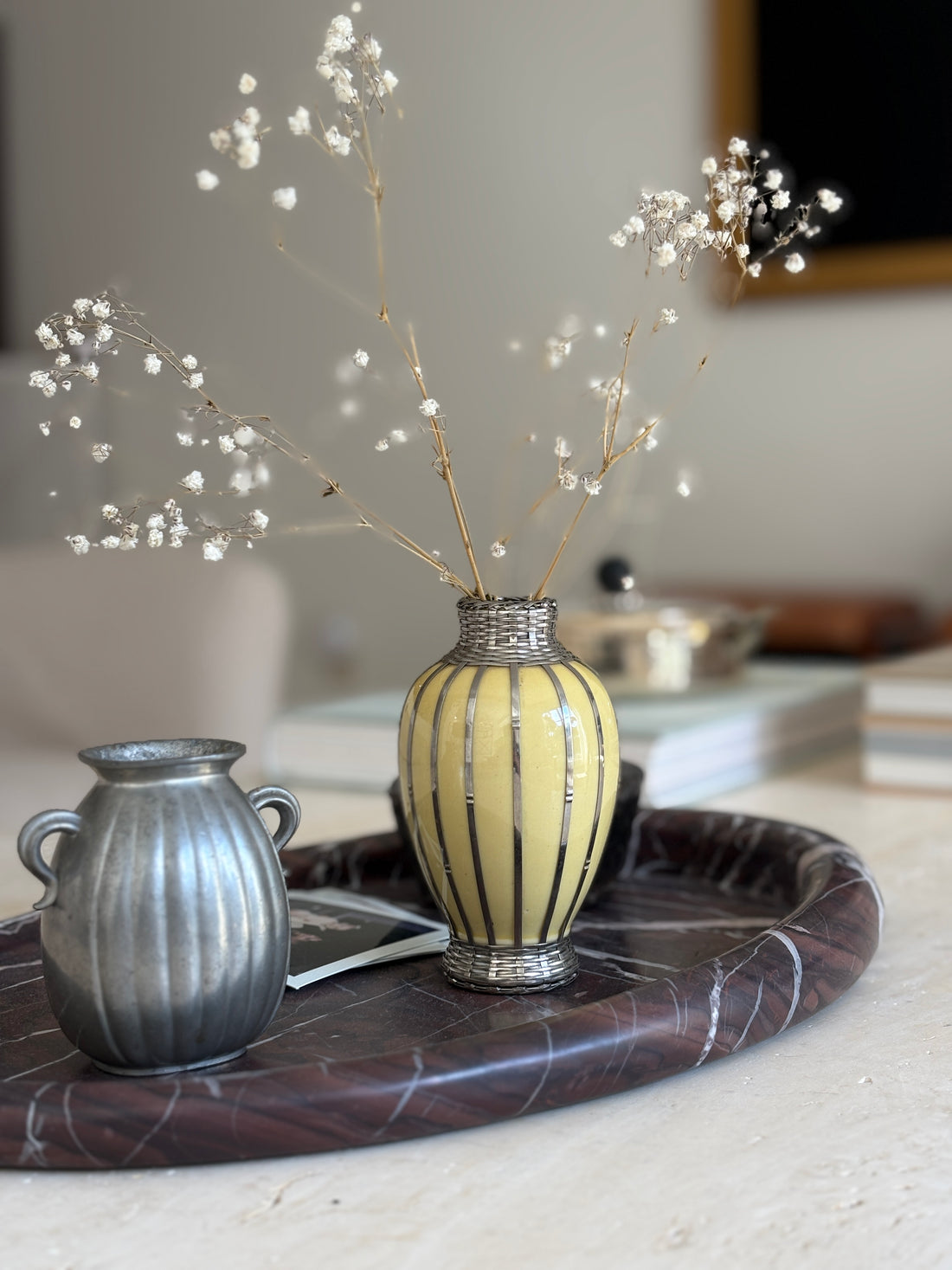 Japanese Yellow Vase with Silver Basket Weave Overlay - Meiji Period | Collectors Gene
