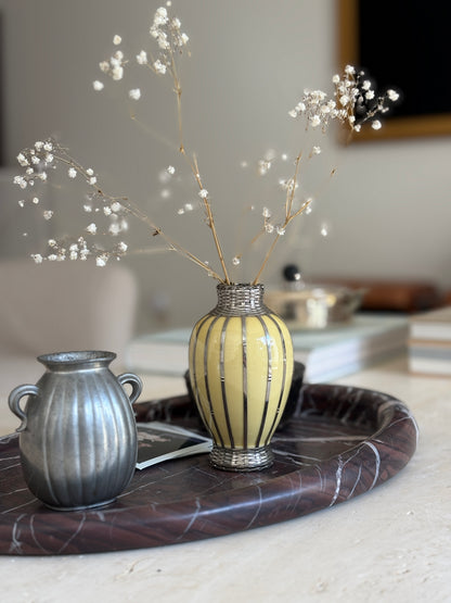 Japanese Yellow Vase with Silver Basket Weave Overlay - Meiji Period | Collectors Gene