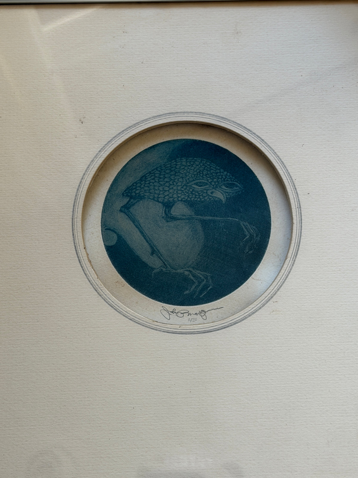Close view of the Nightbird mezzotint, a scaled, hooded bird perched on a thin branch against a deep blue ground, signed in pencil and numbered 11/20