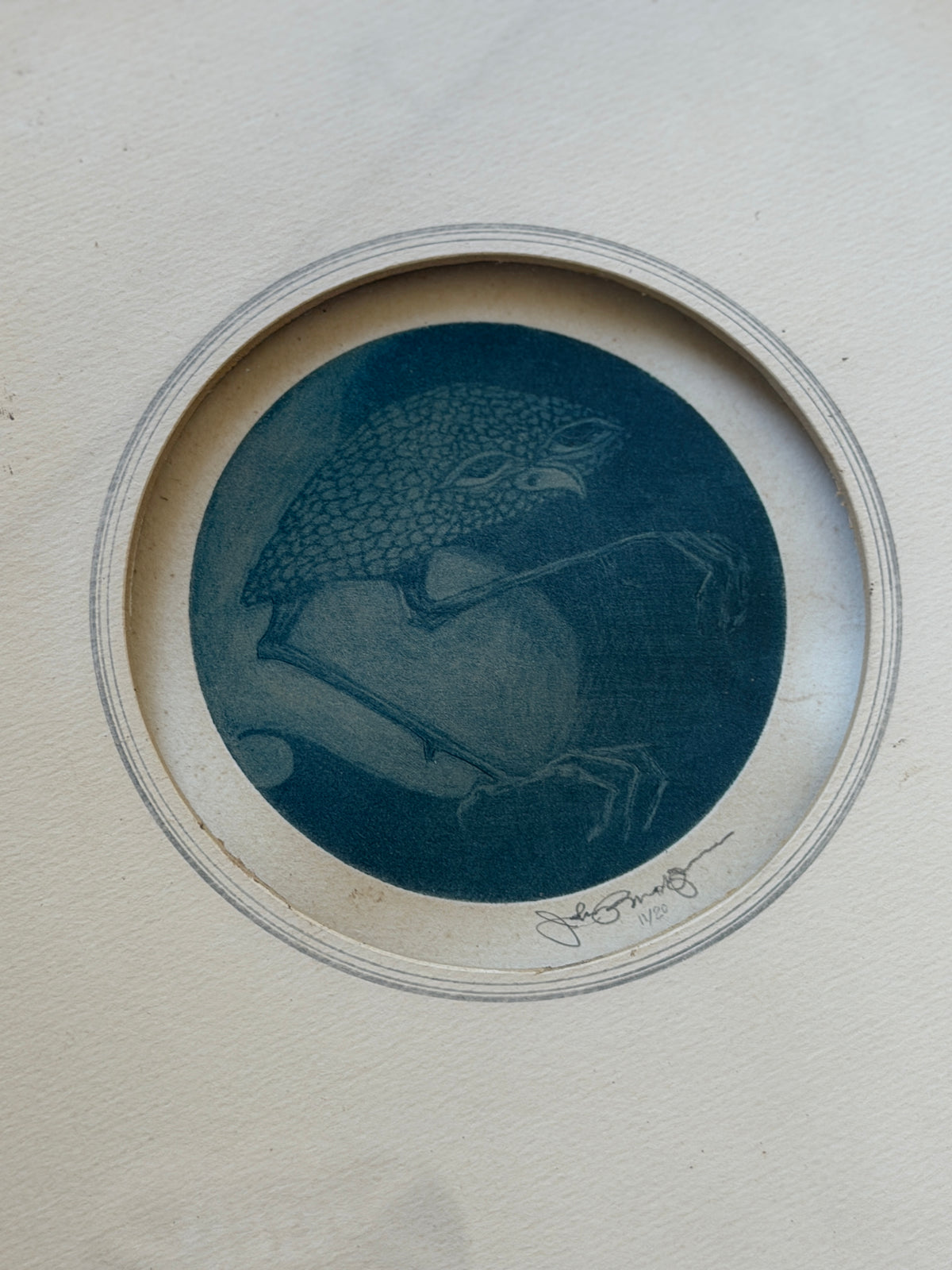 Detail of the blue mezzotint bird, its scaled plumage, heavy lidded eyes, and long taloned legs rendered in soft tonal gradations