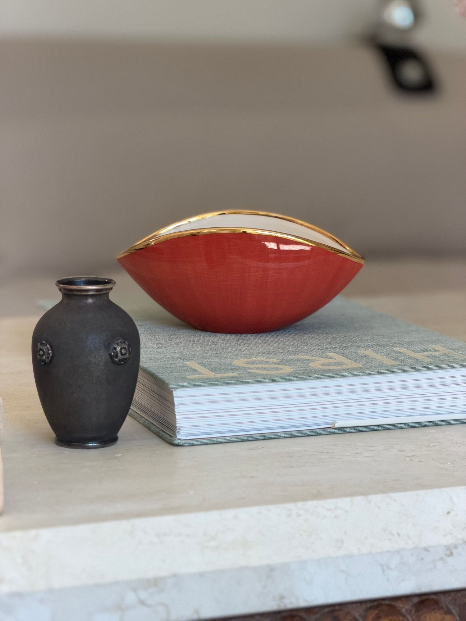 L Objet Oval Bowl in White Porcelain with Orange Glaze 24kt Gold Trim | Collectors Gene