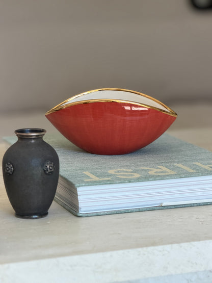 L Objet Oval Bowl in White Porcelain with Orange Glaze 24kt Gold Trim | Collectors Gene