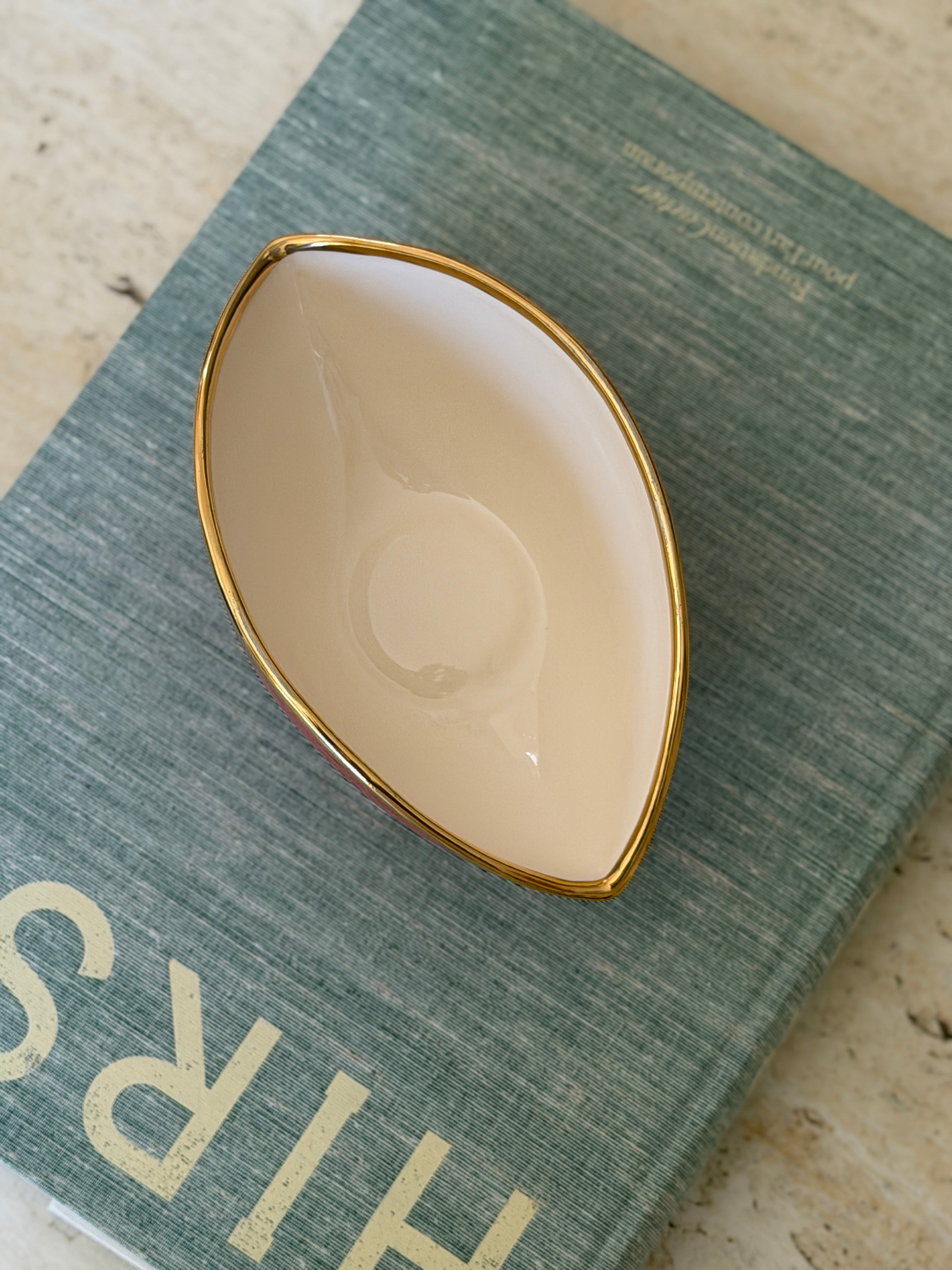 L Objet Oval Bowl in White Porcelain with Orange Glaze 24kt Gold Trim | Collectors Gene