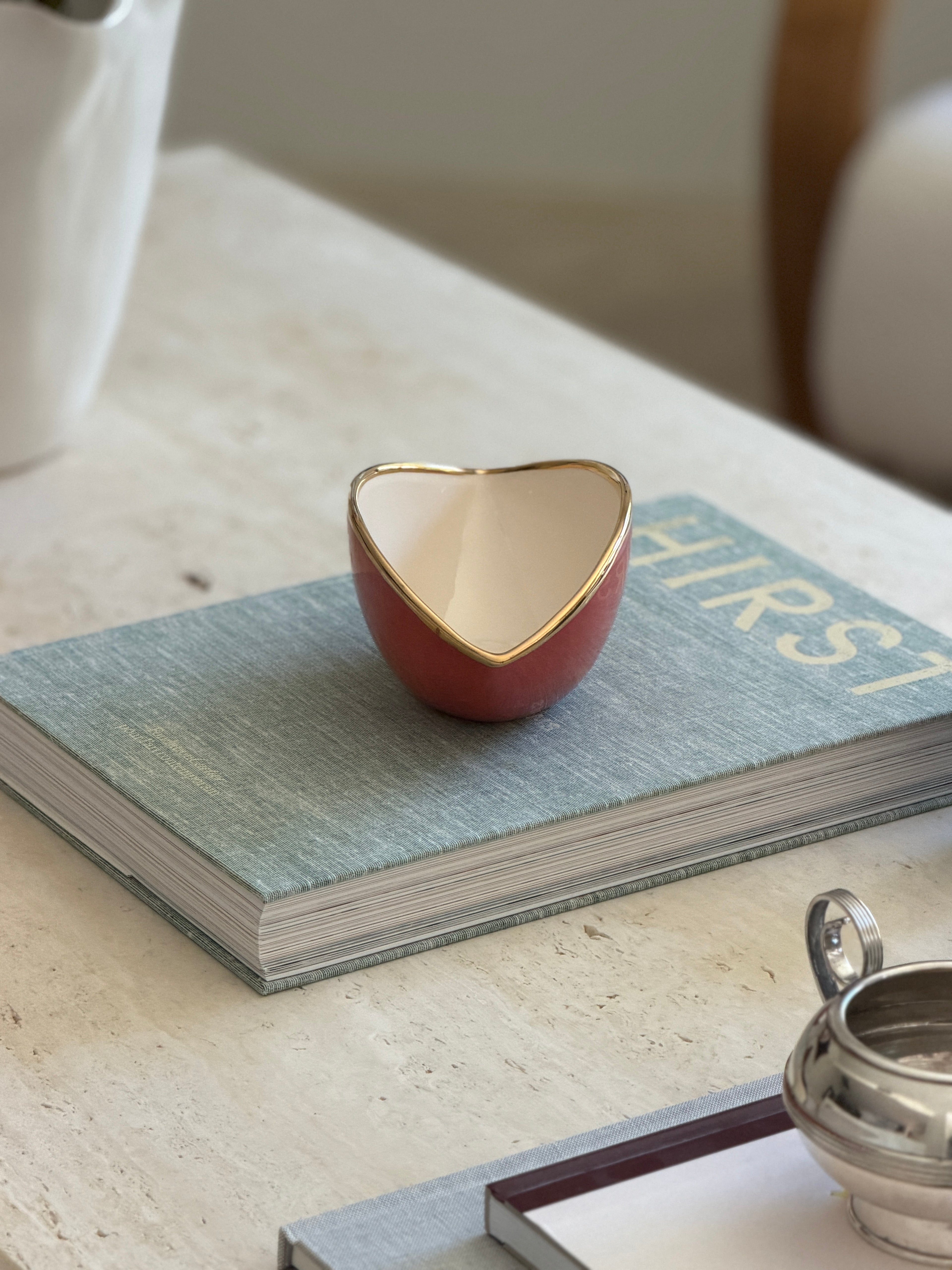 L Objet Oval Bowl in White Porcelain with Orange Glaze 24kt Gold Trim | Collectors Gene