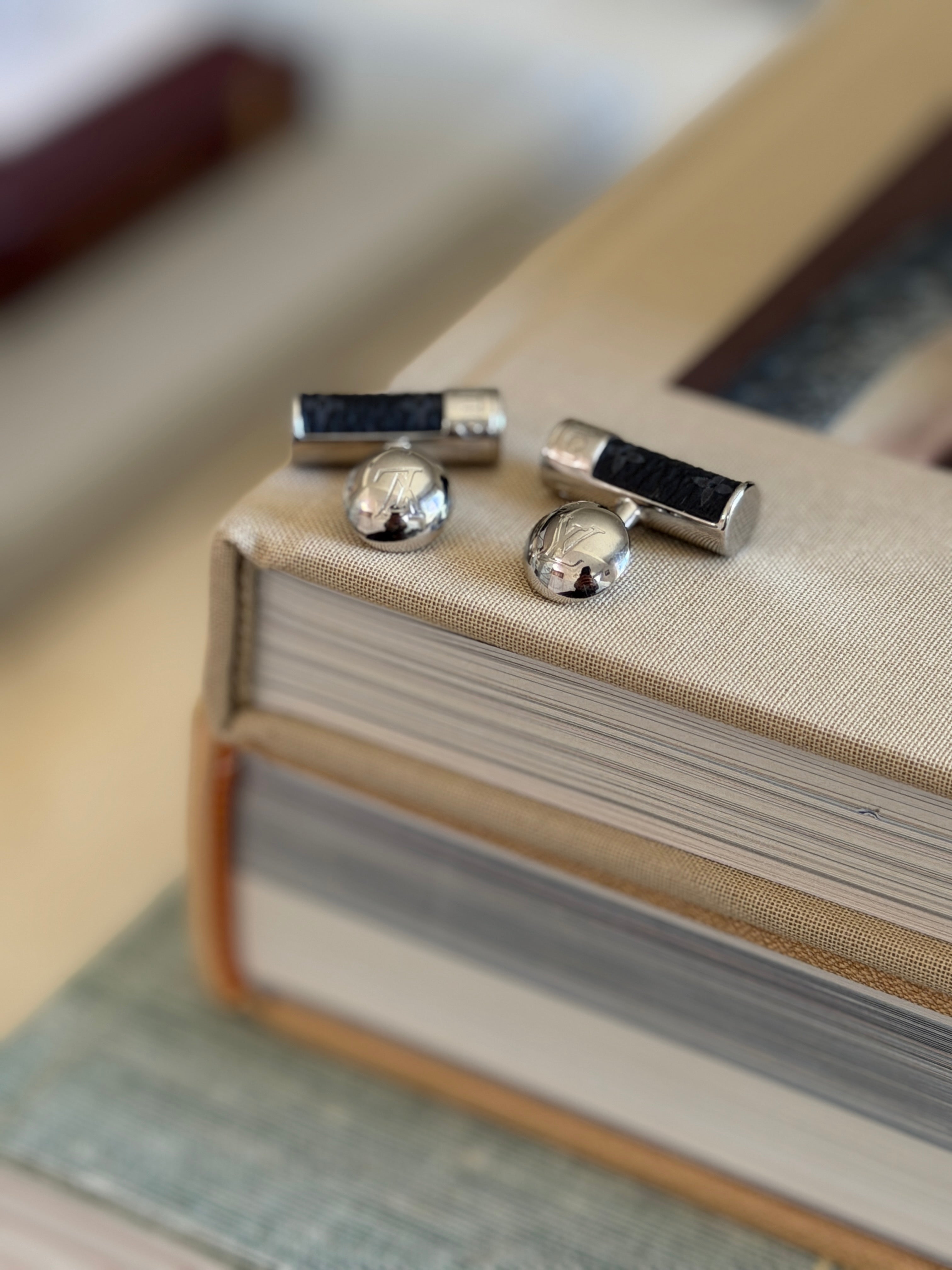 Louis Vuitton Black Monogram Leather Cufflinks with Damier Case