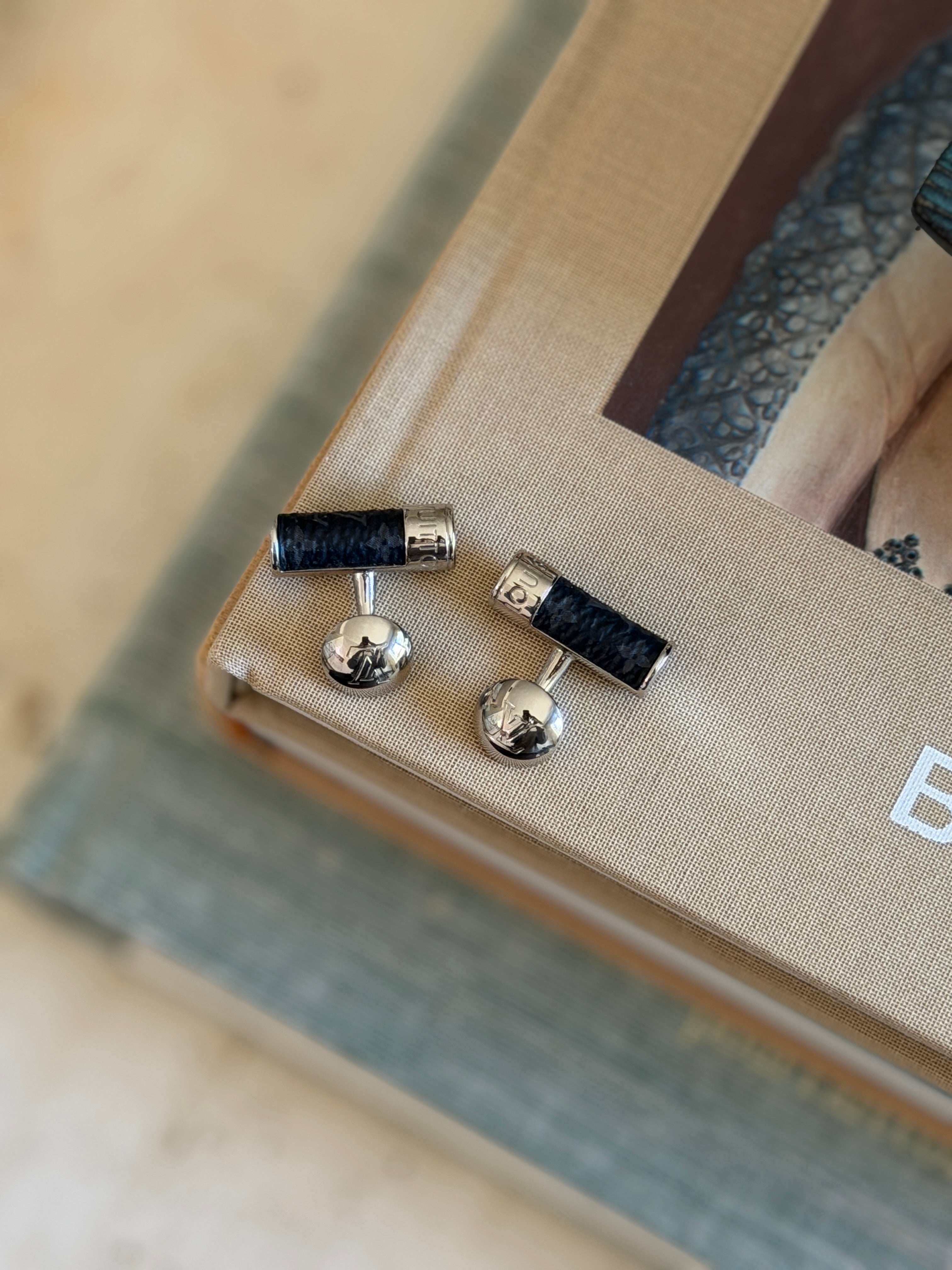 Louis Vuitton Black Monogram Leather Cufflinks with Damier Case