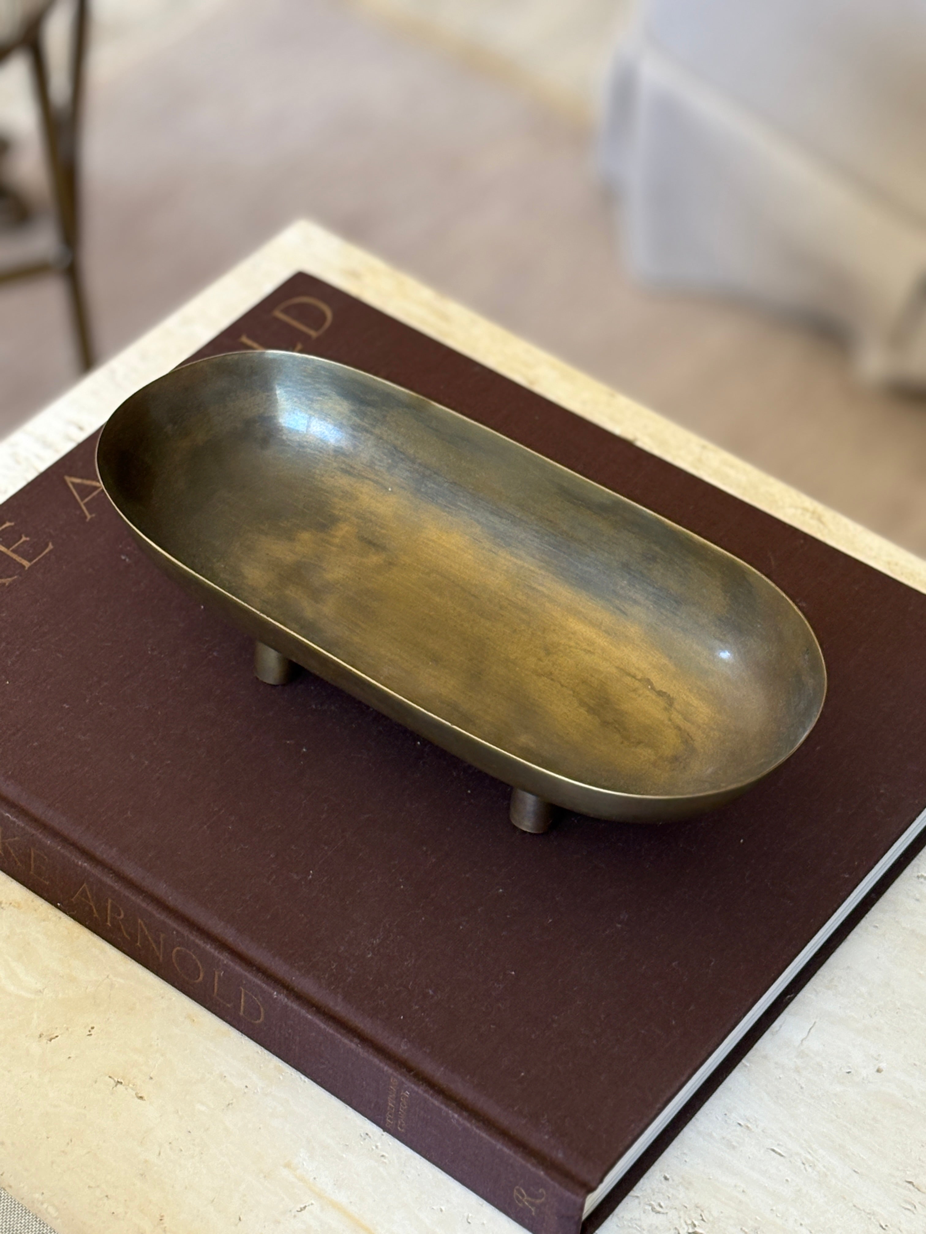 Metal Footed Elongated Oval Dish in Antiqued Brass | Collectors Gene