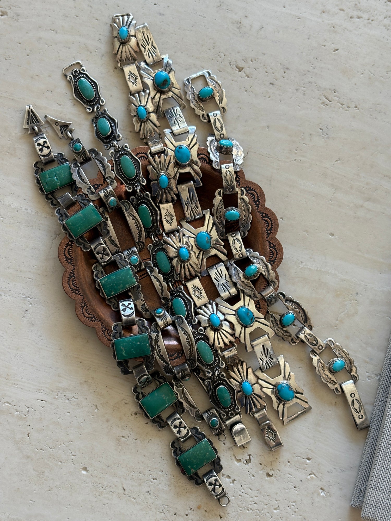 Native American Stamped Link Bracelets with Turquoise Stones | Collectors Gene