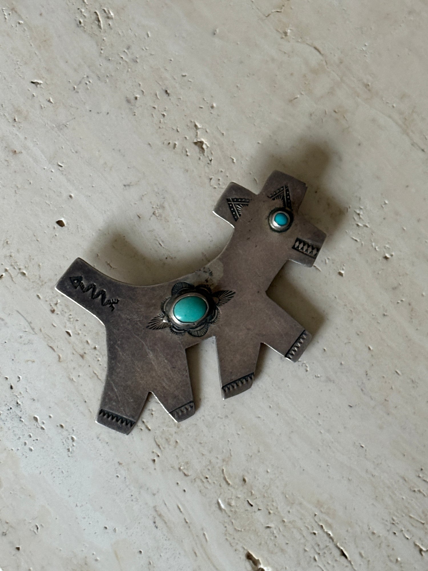 Native American Sterling Silver Dog Pin with Turquoise - c. 1930 | Collectors Gene