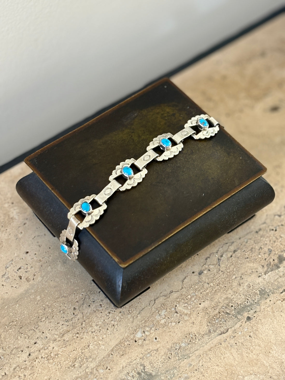 Native American Sterling Silver &amp; Turquoise Concho Link Bracelet | Collectors Gene