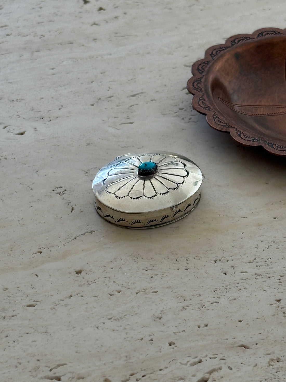 Navajo Sterling Silver Stamped Turquoise Pill Box | Collectors Gene