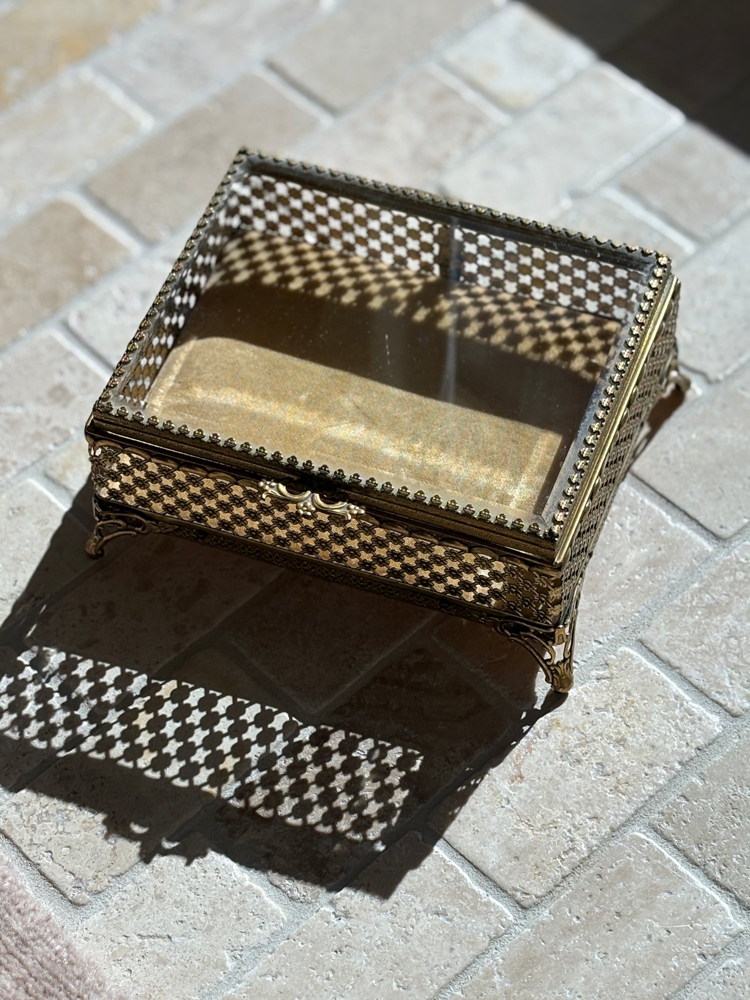 Ornate Gilt Brass Jewelry Casket Box with Glass Lid | Collectors Gene