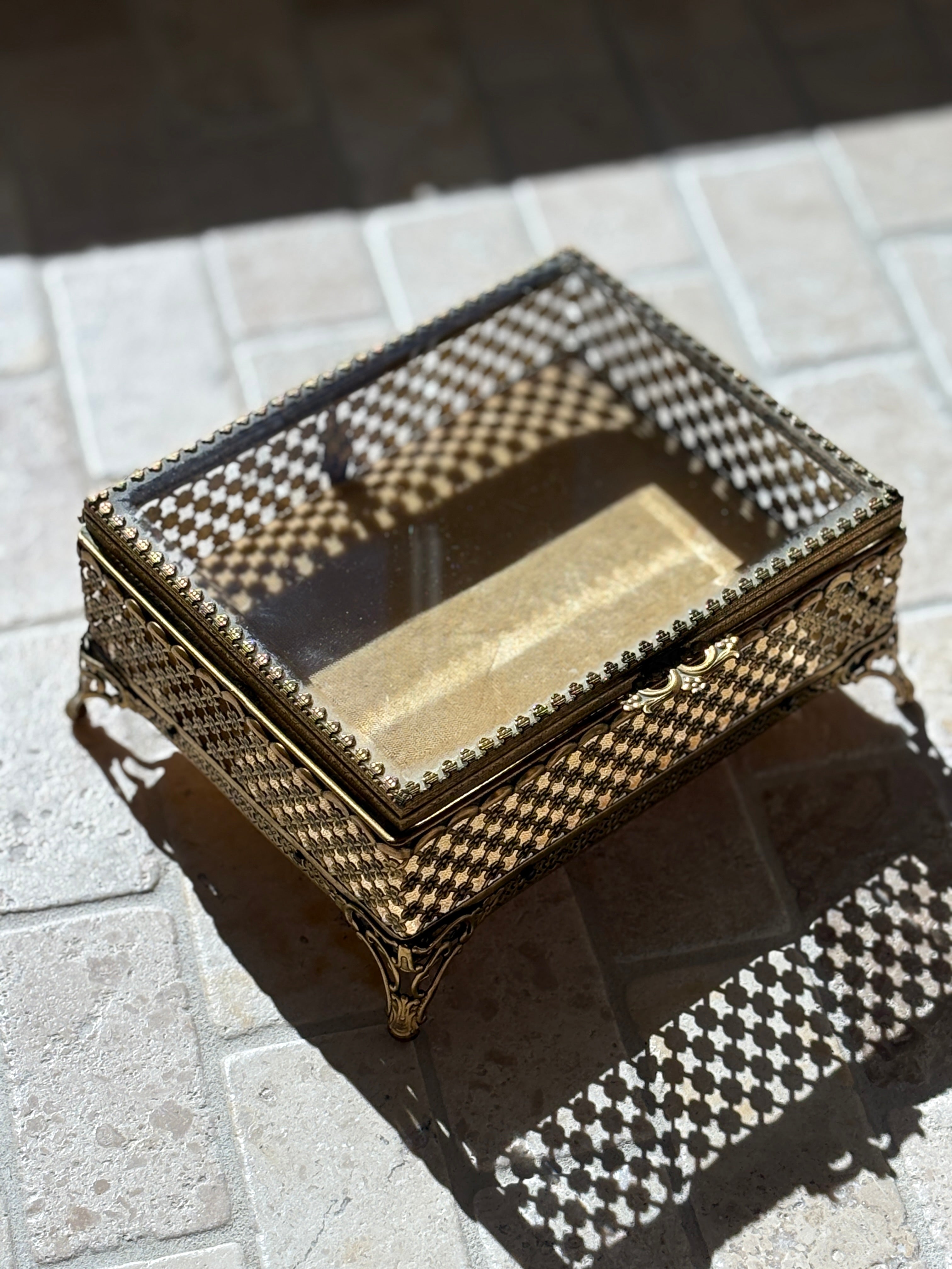 Ornate Gilt Brass Jewelry Casket Box with Glass Lid | Collectors Gene