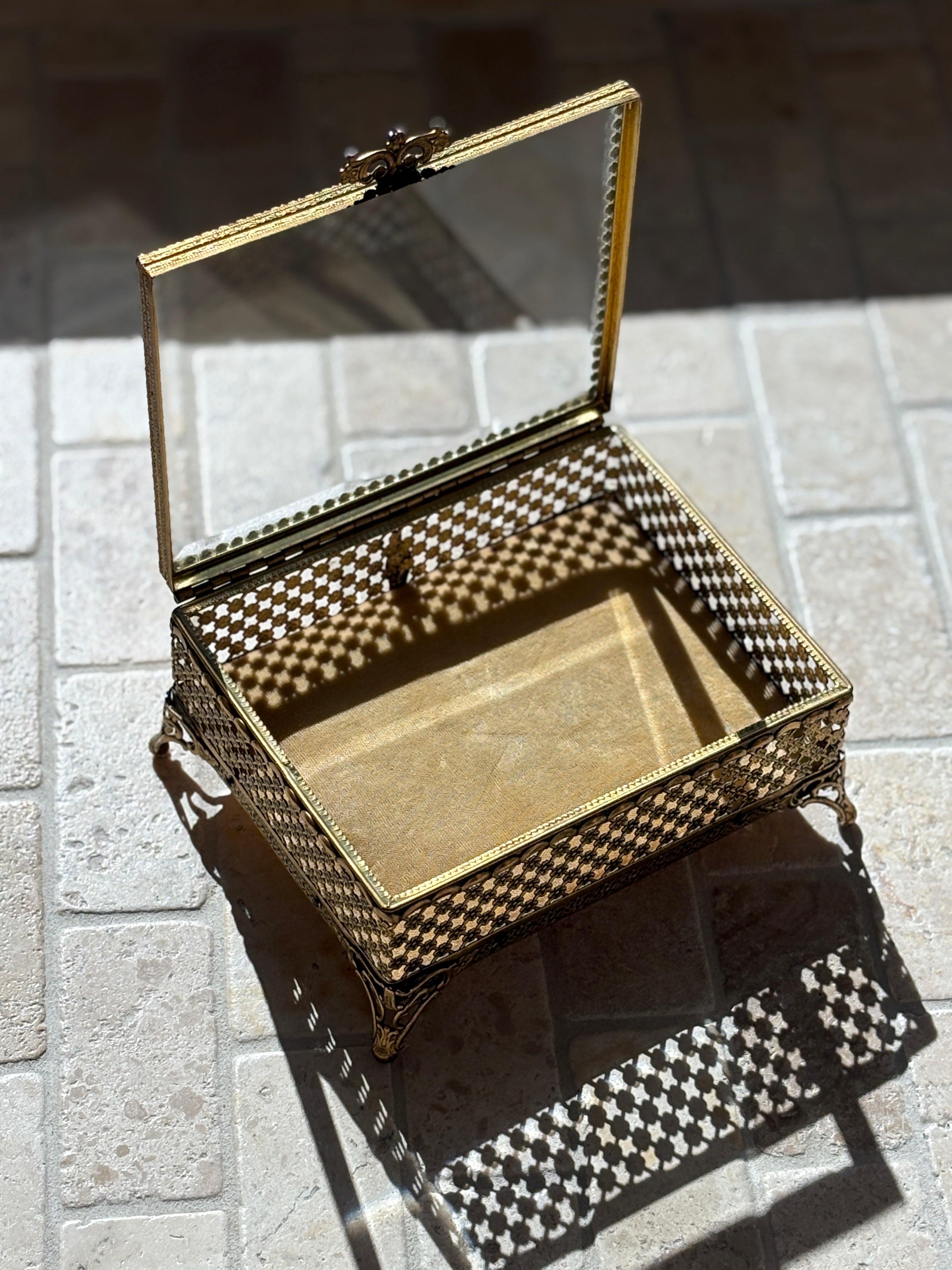 Ornate Gilt Brass Jewelry Casket Box with Glass Lid | Collectors Gene