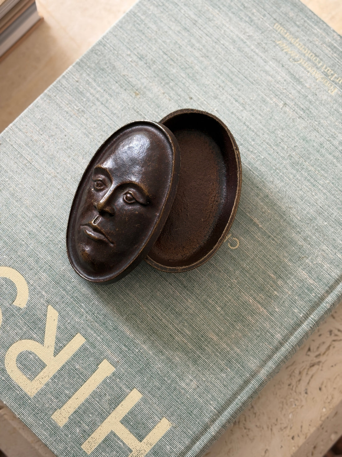 Oval Face Lidded Box in Bronze by Nelles Studio - C. 1998 | Collectors Gene