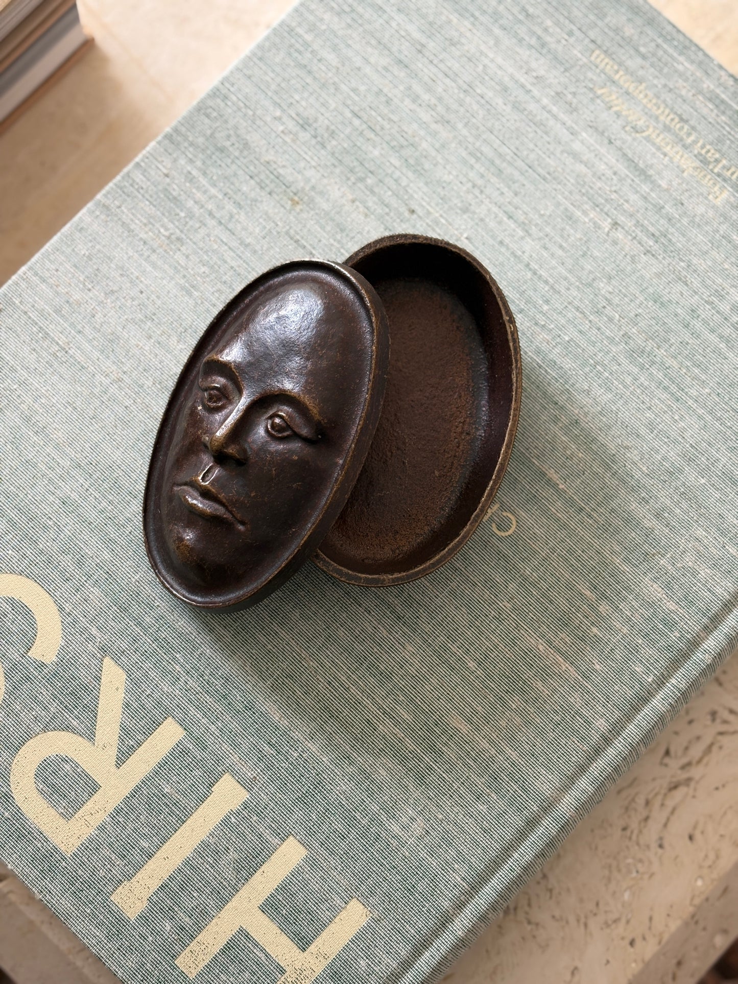 Oval Face Lidded Box in Bronze by Nelles Studio - C. 1998 | Collectors Gene