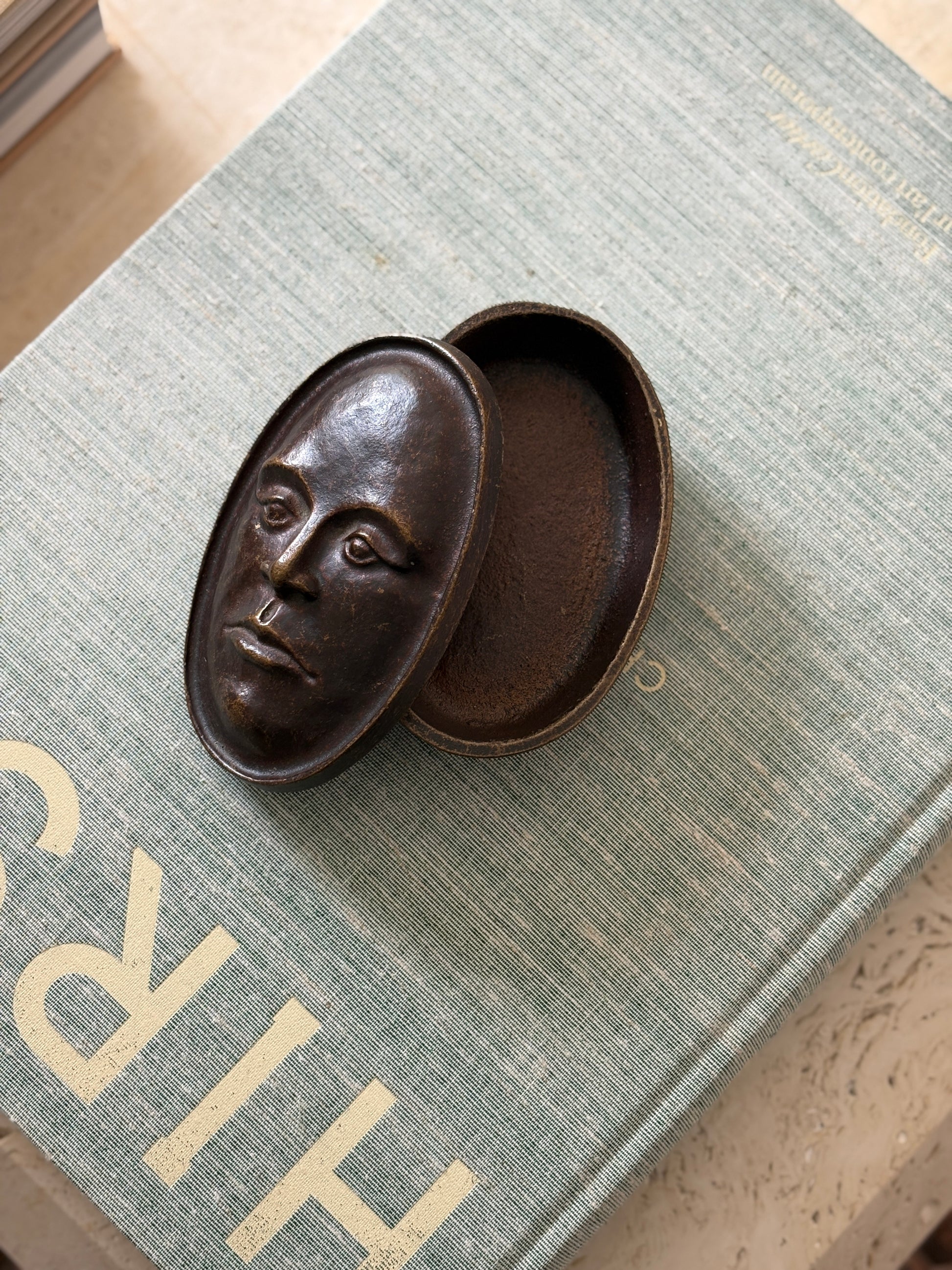 Oval Face Lidded Box in Bronze by Nelles Studio - C. 1998 | Collectors Gene