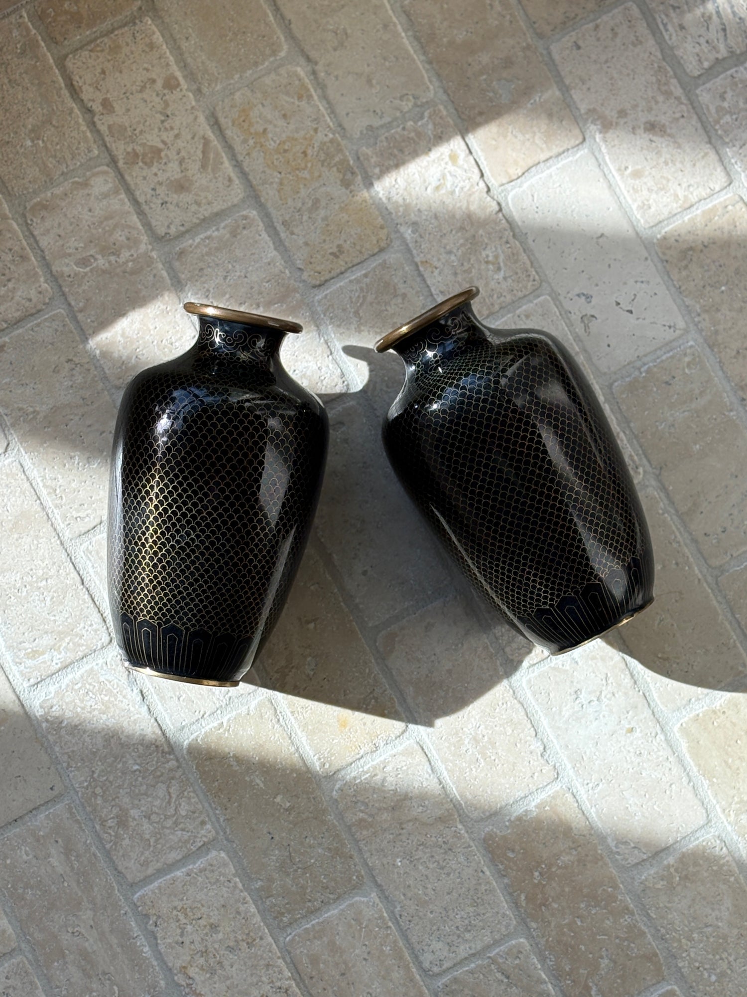 Pair of Antique Japanese Cloisonne Vases with Black Mirror Enamel Fish Scale Motif Meiji Period