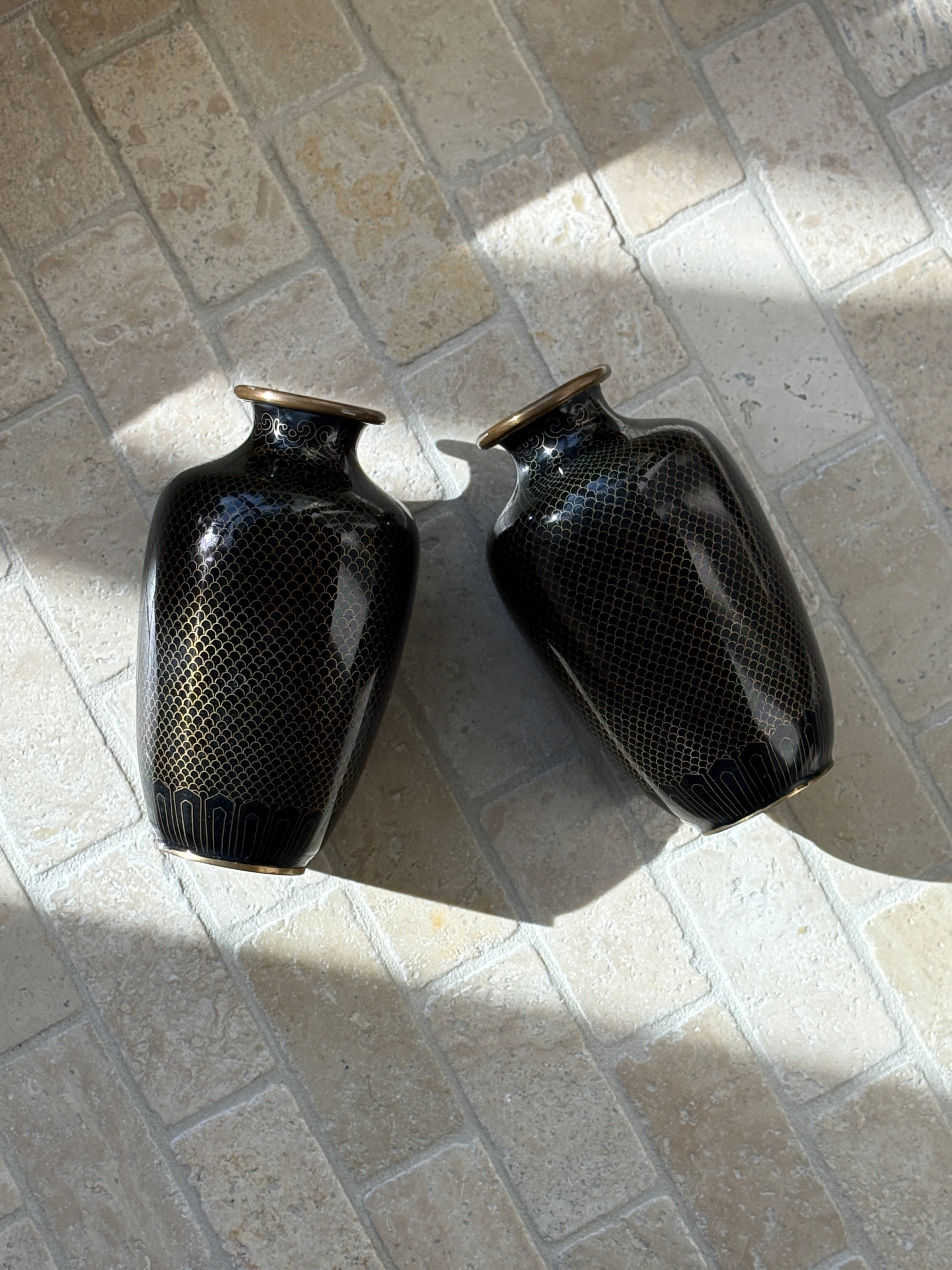 Pair of Antique Japanese Cloisonne Vases with Black Mirror Enamel Fish Scale Motif Meiji Period