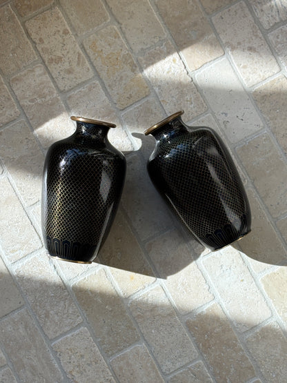 Pair of Antique Japanese Cloisonne Vases with Black Mirror Enamel Fish Scale Motif Meiji Period