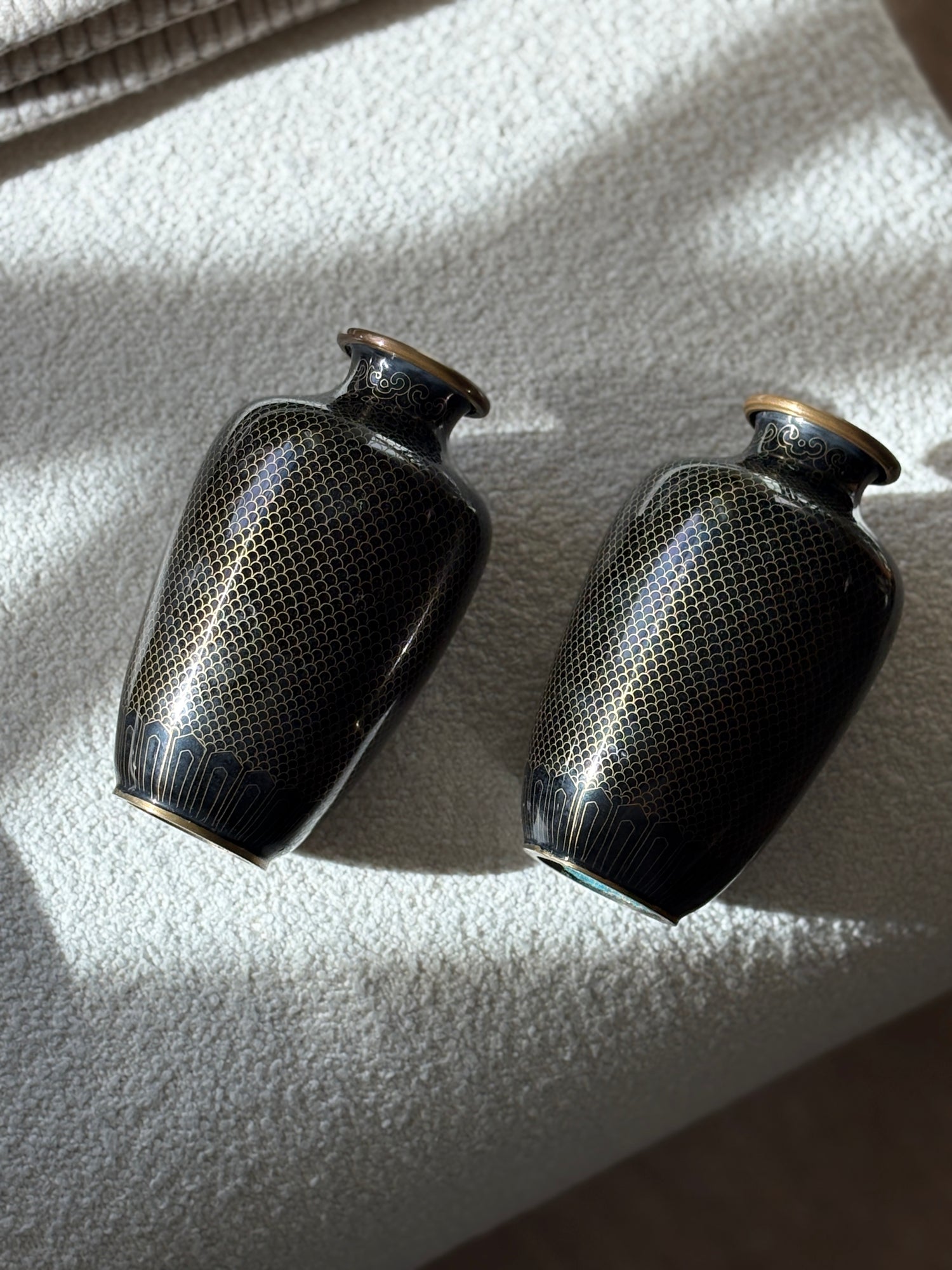 Pair of Antique Japanese Cloisonne Vases with Black Mirror Enamel Fish Scale Motif Meiji Period