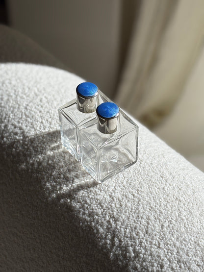 Pair of Antique Sterling Silver &amp; Blue Guilloché Enamel Perfume Bottles – Birmingham, 1931 | Collectors Gene