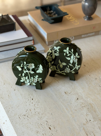 Pair of Vintage English Green Porcelain Moon Flask Vases with Raised Floral Relief | Collectors Gene