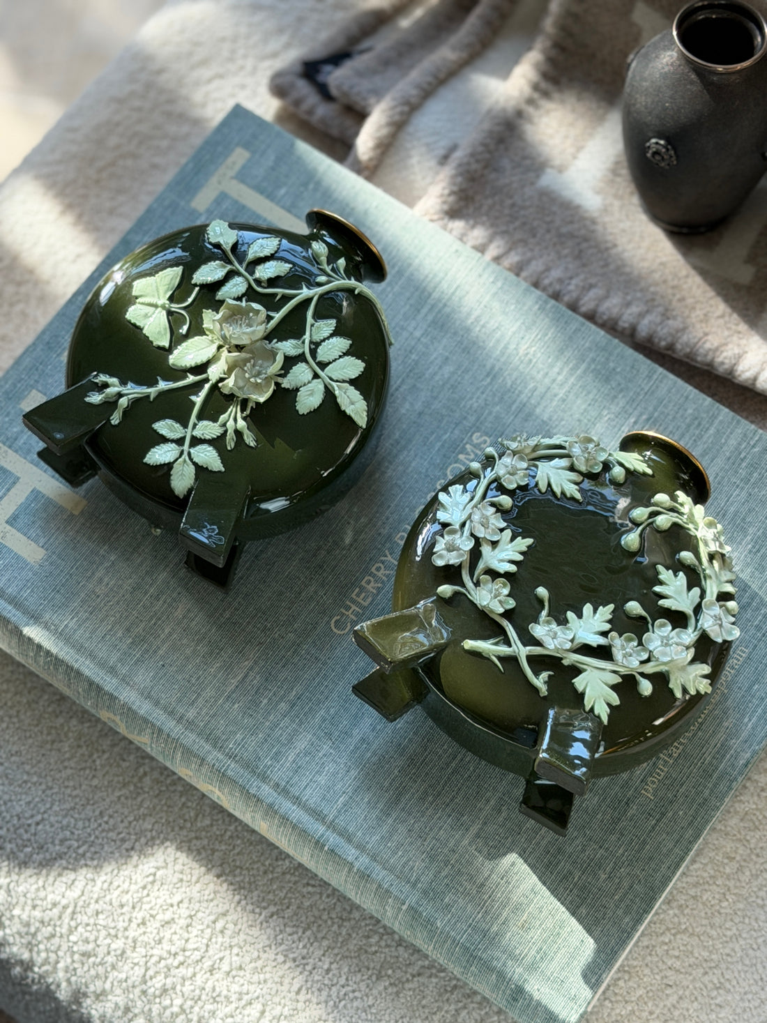 Pair of Vintage English Green Porcelain Moon Flask Vases with Raised Floral Relief | Collectors Gene