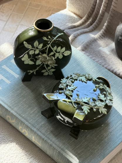 Pair of Vintage English Green Porcelain Moon Flask Vases with Raised Floral Relief | Collectors Gene