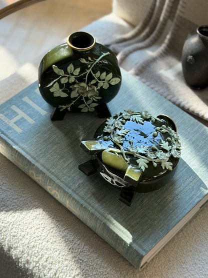 Pair of Vintage English Green Porcelain Moon Flask Vases with Raised Floral Relief | Collectors Gene