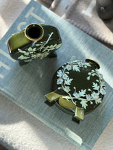 Pair of Vintage English Green Porcelain Moon Flask Vases with Raised Floral Relief | Collectors Gene