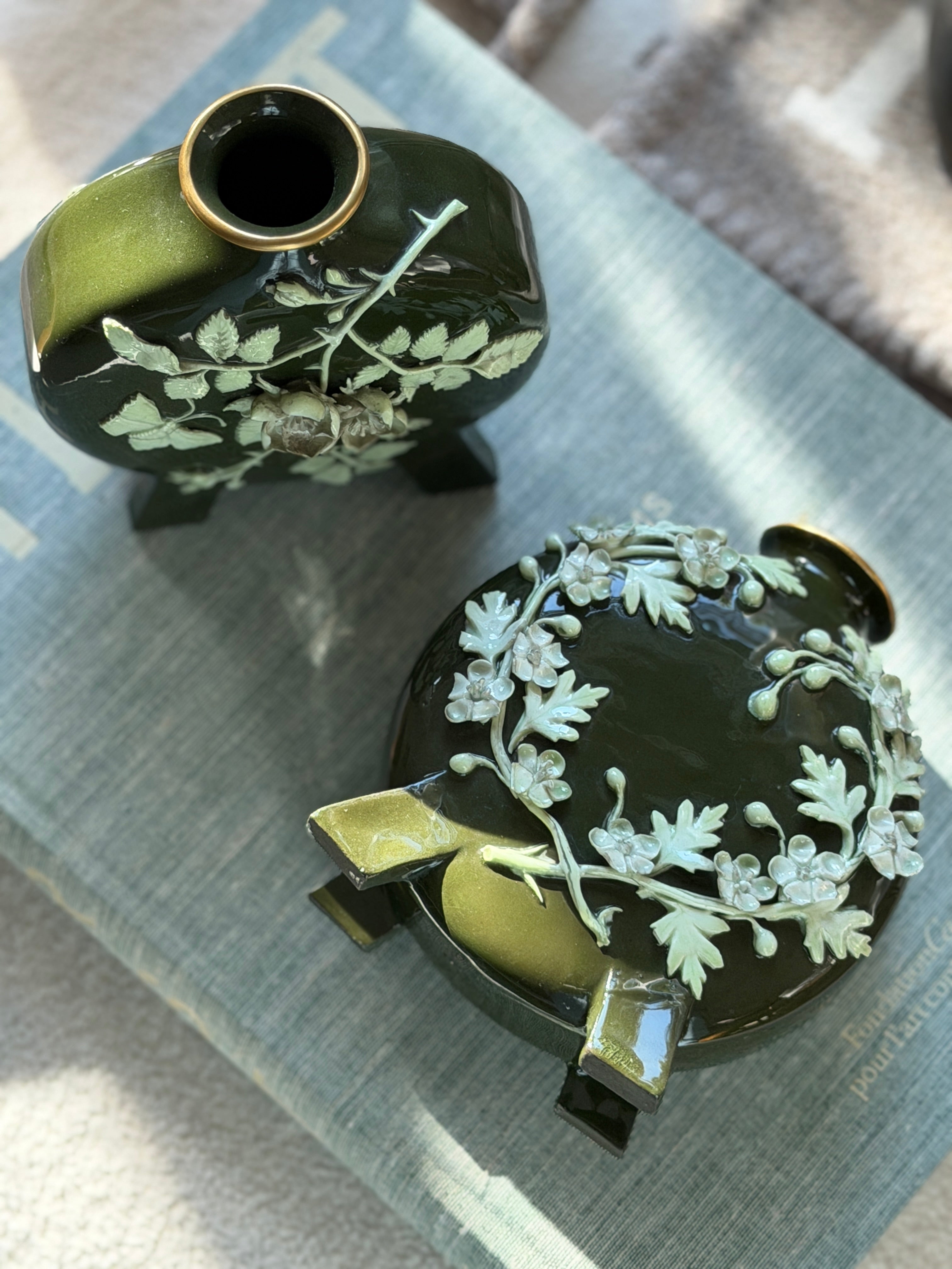 Pair of Vintage English Green Porcelain Moon Flask Vases with Raised Floral Relief | Collectors Gene