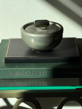 Eye-level view of 1952 Svenskt Tenn Swedish pewter lidded bowl designed by Estrid Ericson