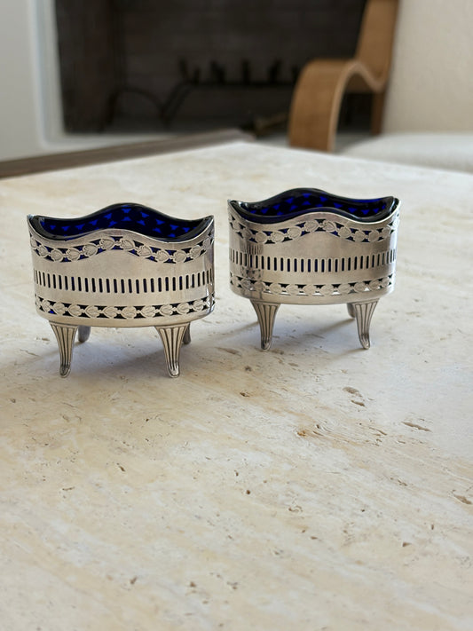 Pierced Silver-Plated Salt Cellar Pair with Cobalt Liners | Collectors Gene Vintage Shop