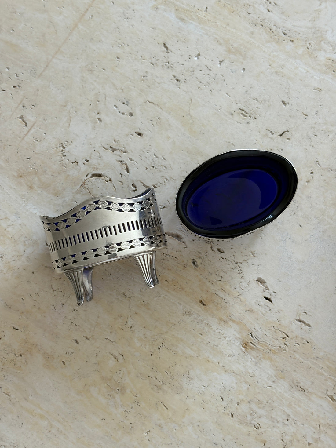 Pierced Silver-Plated Salt Cellar Pair with Cobalt Liners | Collectors Gene Vintage Shop