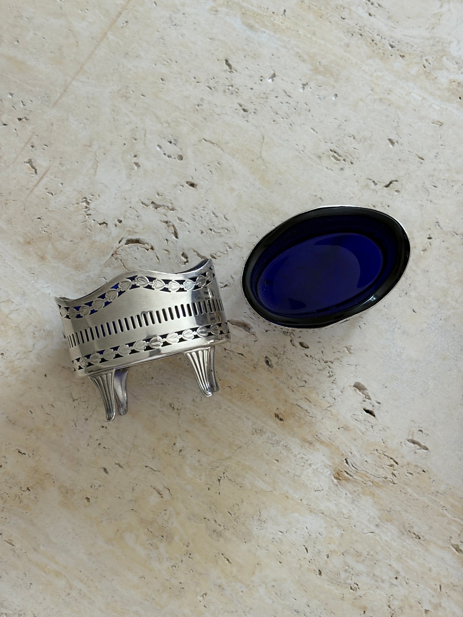 Pierced Silver-Plated Salt Cellar Pair with Cobalt Liners | Collectors Gene Vintage Shop