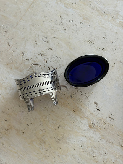 Pierced Silver-Plated Salt Cellar Pair with Cobalt Liners | Collectors Gene Vintage Shop
