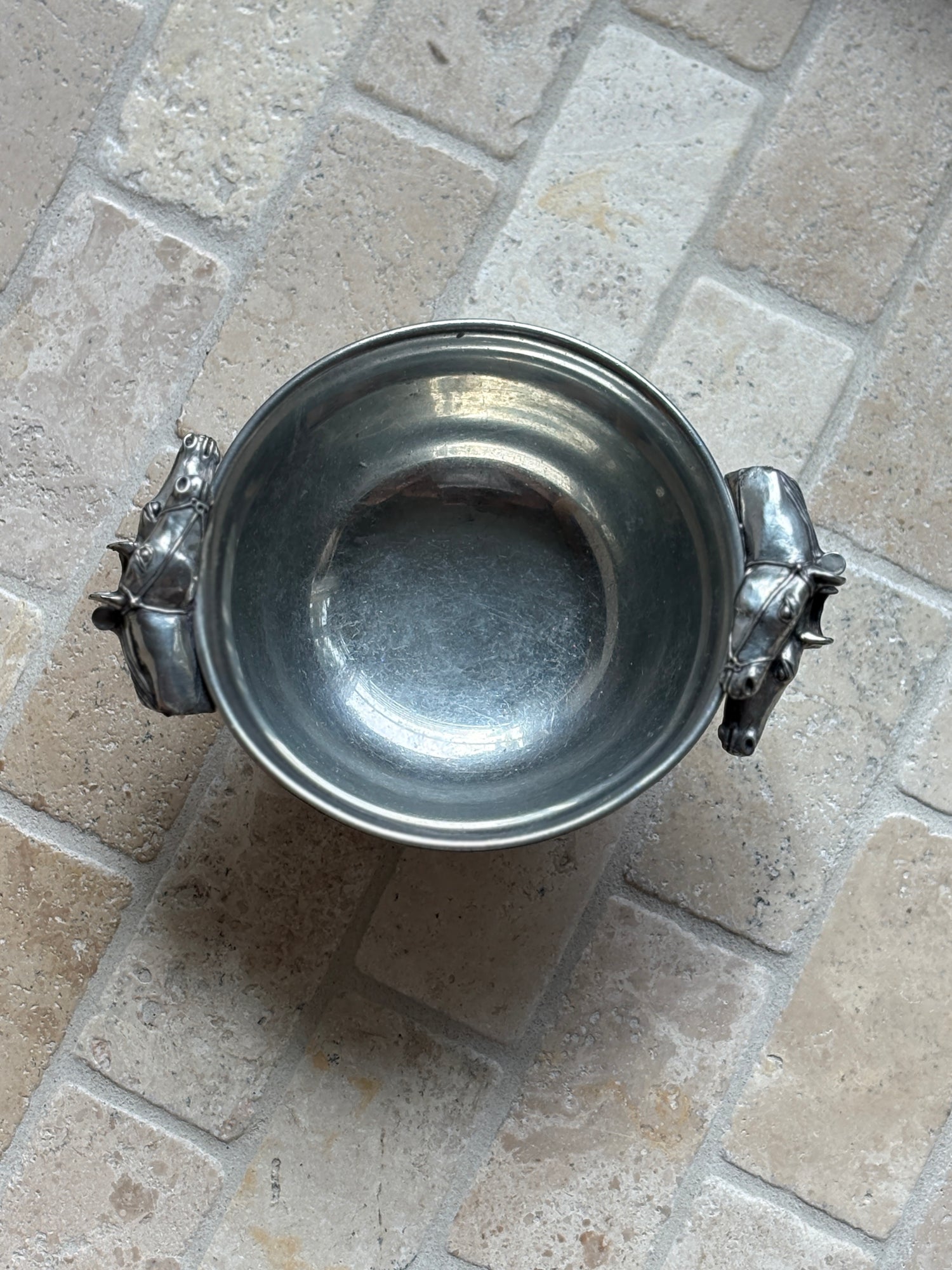 Polished Pewter Bowl with Equestrian Horse Head Handles | Collectors Gene