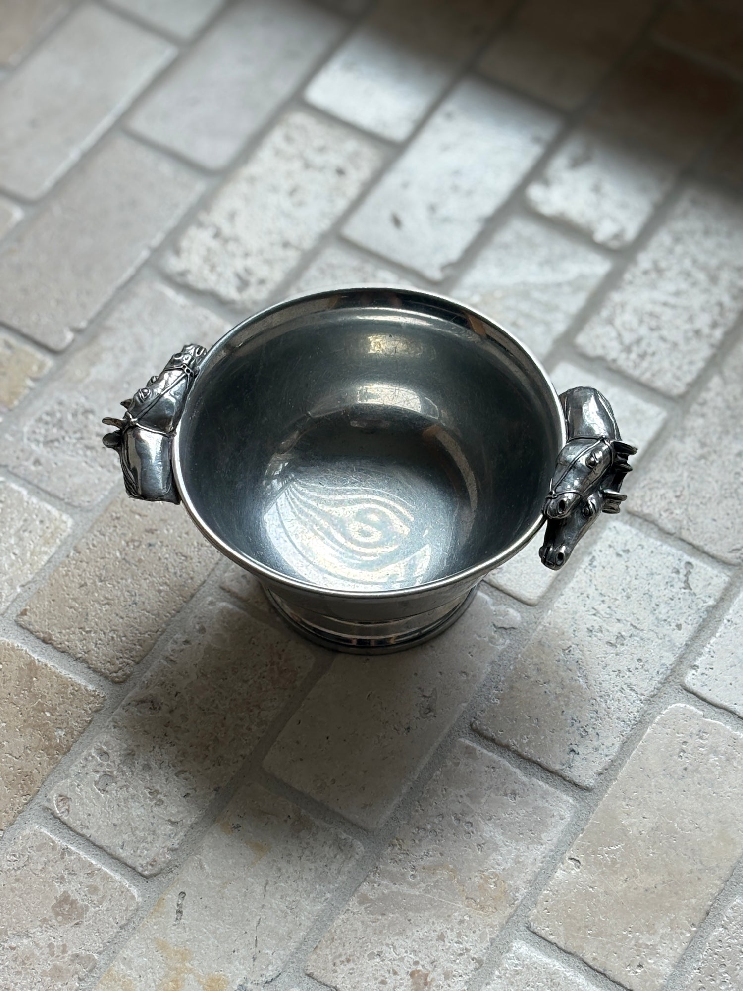 Polished Pewter Bowl with Equestrian Horse Head Handles | Collectors Gene