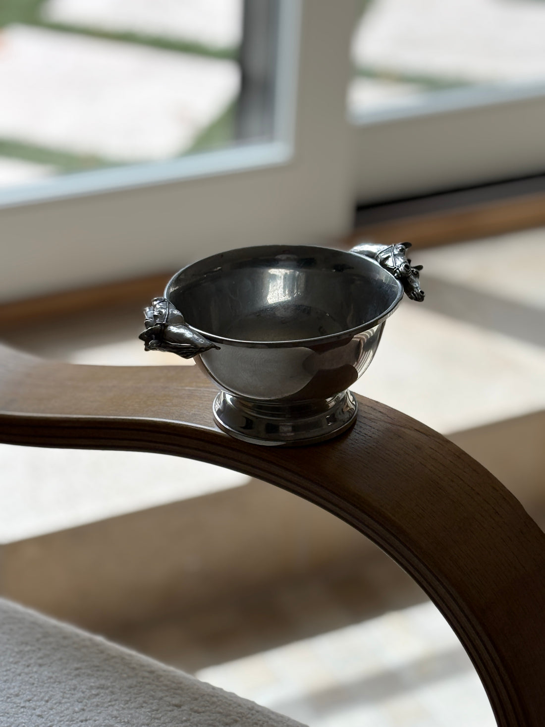 Equestrian Bowl with Horse Head Handles in Polished Pewter