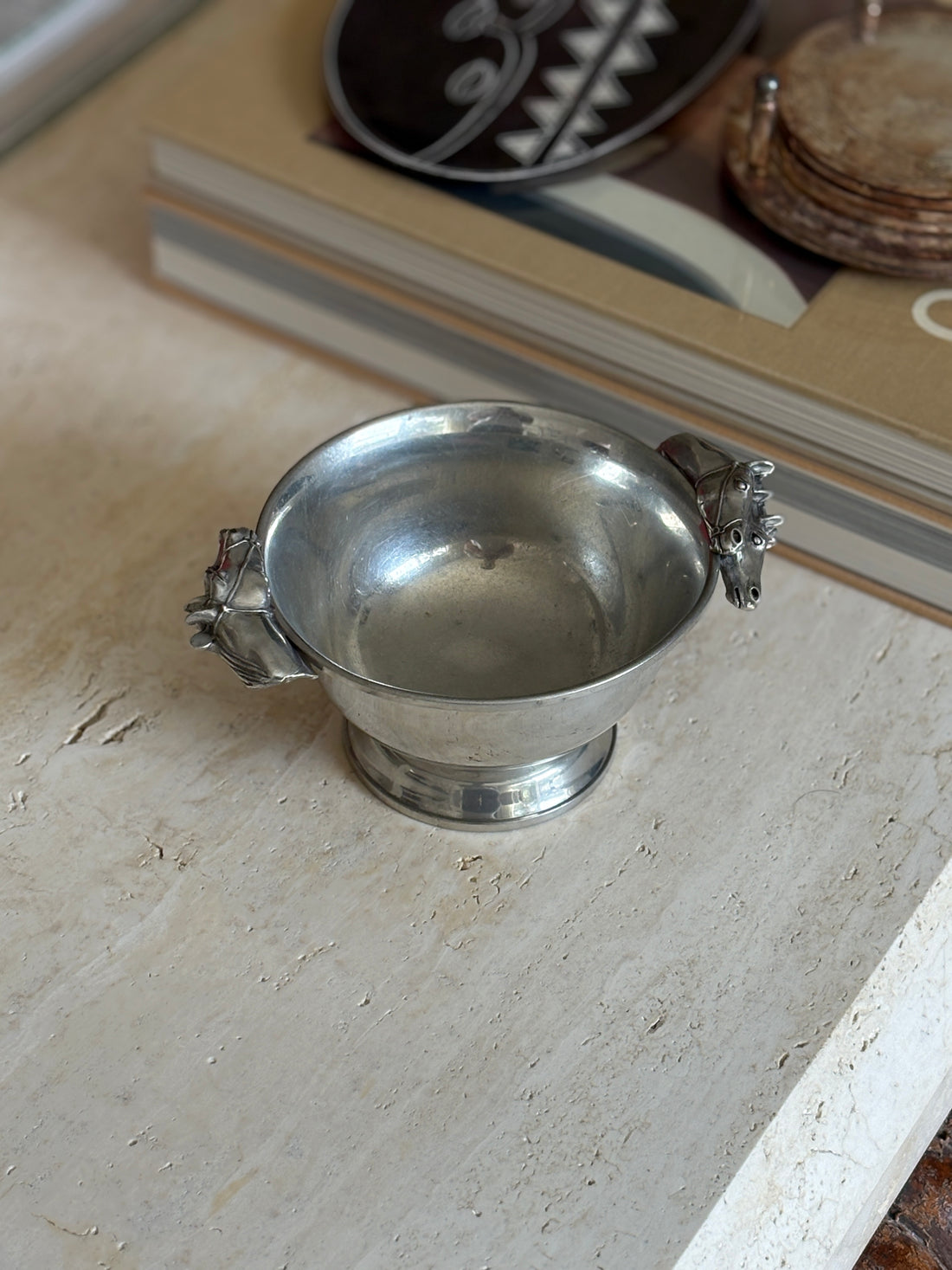 Equestrian Bowl with Horse Head Handles in Polished Pewter