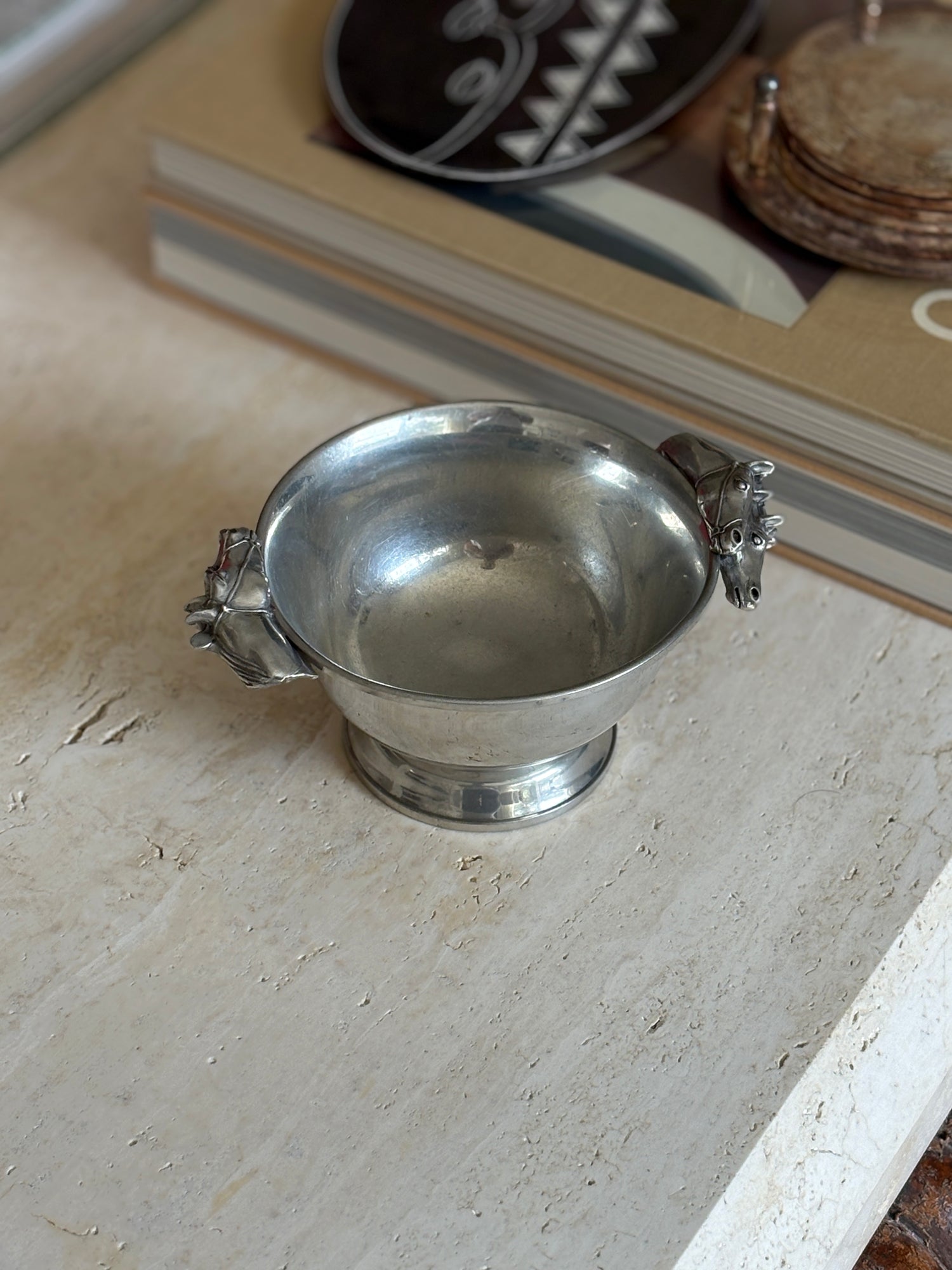 Polished Pewter Bowl with Equestrian Horse Head Handles | Collectors Gene
