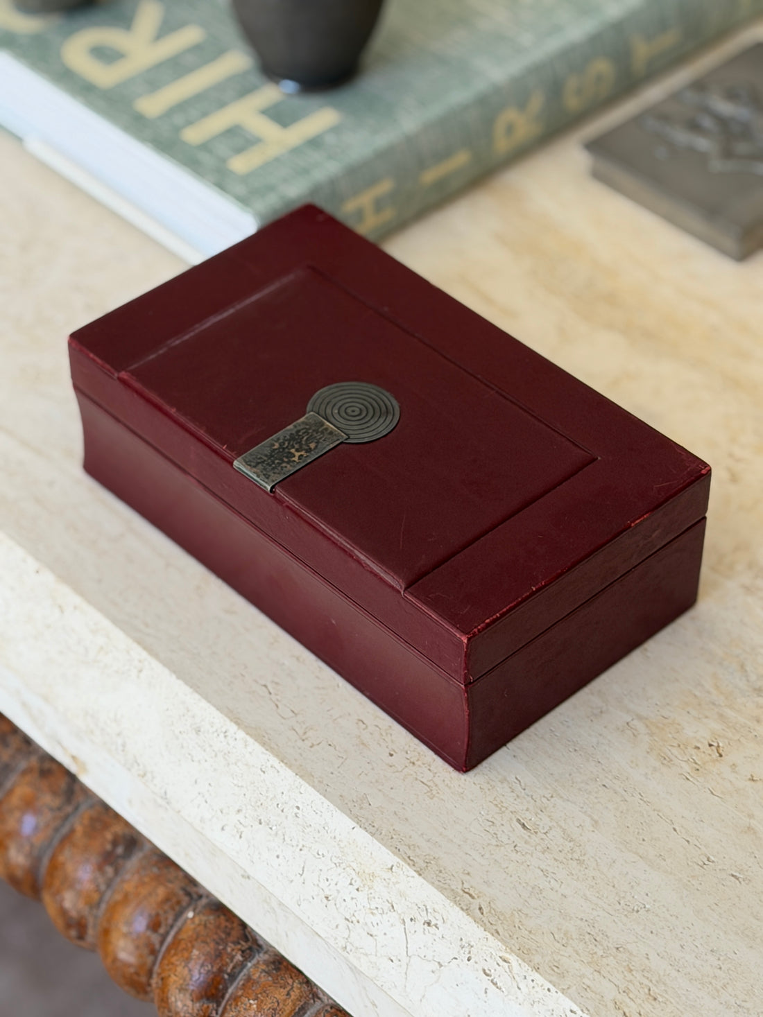 High angle view of closed rare Puiforcat French red leather trinket jewelry box by Collectors Gene
