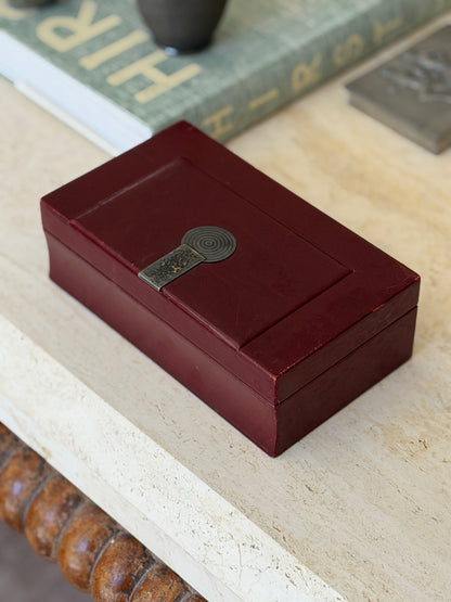 High angle view of closed rare Puiforcat French red leather trinket jewelry box by Collectors Gene